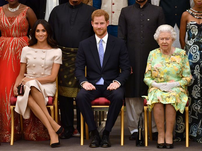 Queen Elizabeth met haar kleinzoon Harry en diens Meghan.