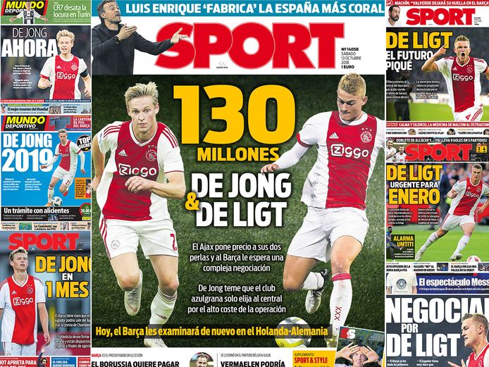 Een paar van de covers met Frenkie de Jong en Matthijs de Ligt op de Catalaanse sportkranten Sport en El Mundo Deportivo.