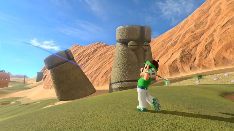 Mario's broer Luigi op een golfbaan kennelijk gesitueerd op Paaseiland. Beeld Nintendo