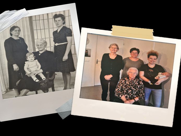 Op de linkerfoto staat Mien Schouten-Seegers rechts, en haar dochter Addy zit op schoot bij haar oma. Op de rechterfoto zit Mien Schouten-Seegers zelf als mater familias, met links achter haar haar dochter Addy, haar kleindochter, haar achterkleindochter en haar achter-achterkleinzoon Mees.