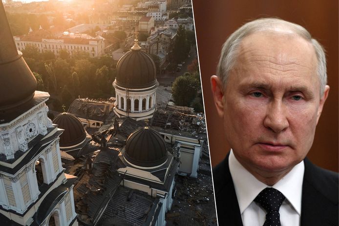 Links: de ravage na een Russische aanval op de historische Transfiguratiekathedraal in Odesa. Rechts: Russisch president Vladimir Poetin.
