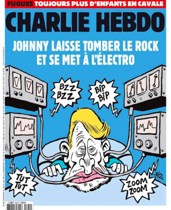 De cover van de nieuwe Charlie Hebdo zet kwaad bloed  bij de fans van Johnny Hallyday.