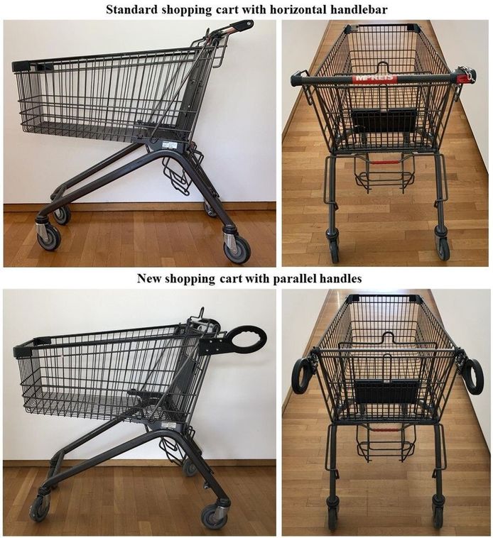 Un chariot avec une poignée horizontale (en haut) et le nouveau chariot avec deux poignées parallèles (en bas).