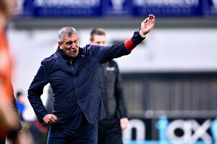 Greg Vanderidt, druk coachend, tijdens Beerschots match op Sint-Truiden.