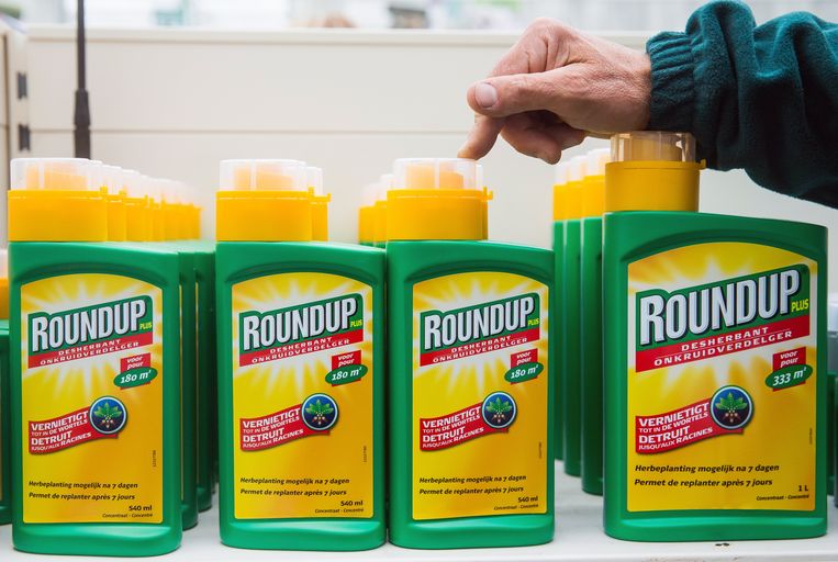 Flessen onkruidverdelger Roundup in een winkel in Brussel. De werkzame stof in dit middel is glyfosaat. Beeld EPA