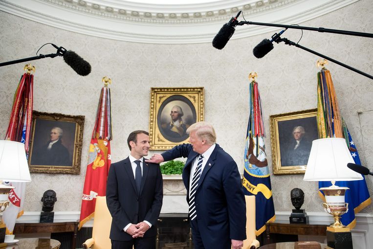 De Franse president Emmanuel Macron en President Donald Trump in het Witte Huis op 24 april 2018. Beeld AFP