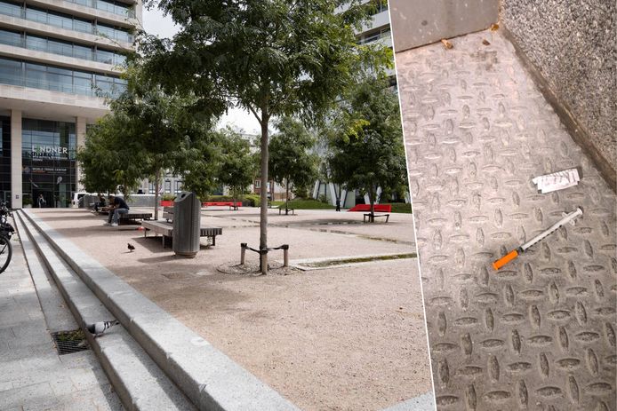 Links: Het Mediaplein aan het Centraal Station, dat recent een groene make-over kreeg. Foto rechts: een gebruikte naald in parking Antwerpen-Centraal Kievit van de NMBS, die kampt met overlast van junks.