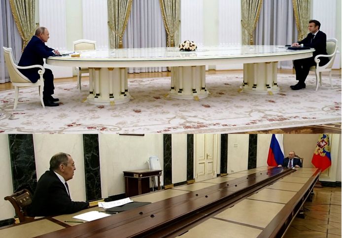 De Russische president Poetin met de Franse president Macron (boven) en zijn Russische minister van Buitenlandse Zaken Lavrov (onder).