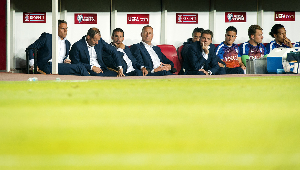 De bank van Oranje tijdens de wedstrijd tegen Turkije met (v.l.n.r) assistent-bondscoach Marco van Basten, bondscoach Danny Blind, assistent-bondscoach Ruud van Nistelrooij, keeperstrainer Arno van Zwam, fysiotherapeut Ricardo de Sanders, KNVB-arts Edwin Goedhart en de reserves Ibrahim Afellay, Jeroen Zoet en Virgil van Dijk. Beeld ANP