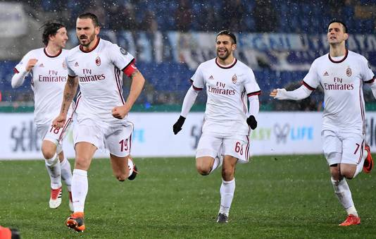 De spelers van Milan rennen op doelman Gianluigi Donnarrumma af.