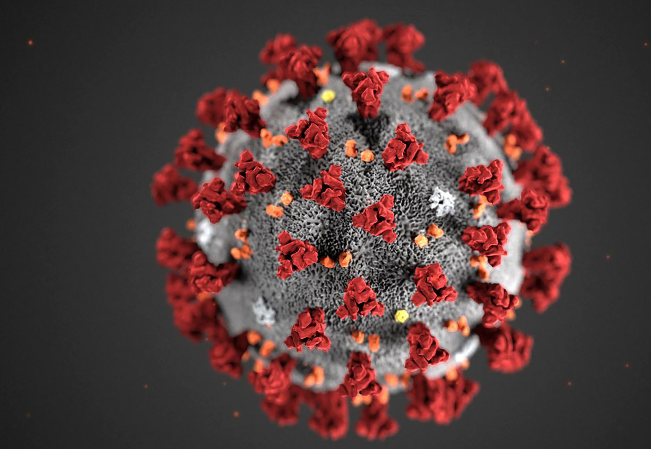 Een representatie van het SARS-CoV-2-virus, met de kenmerkende uitsteeksels of 'spikes'.