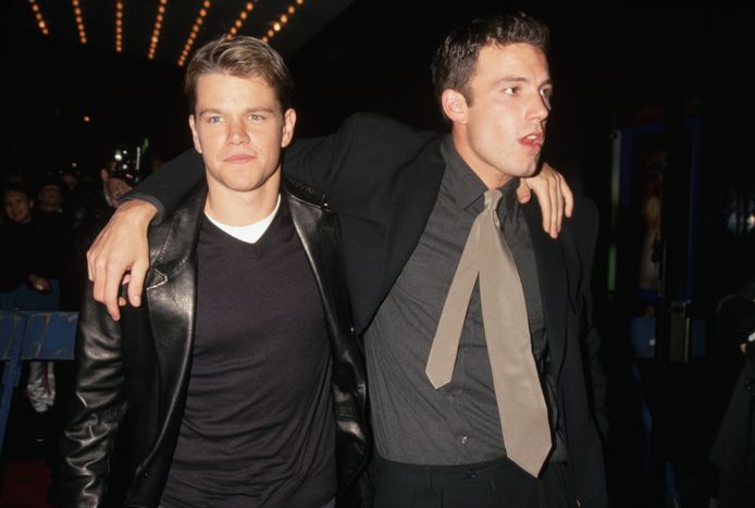 Matt Damon en Ben Affleck op de première van Good Will Hunting.