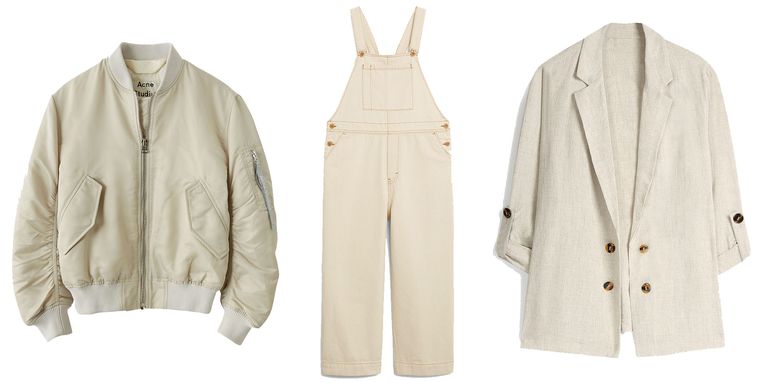 Beige bomberjack van Acne Studios € 550
Beige tuinbroek van Monki € 50 
Linnen jasje van Primark € 23 Beeld 