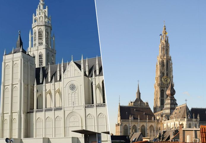 Links: de replica van de kathedraal in de Japanse stad Fukuoka. Rechts: de Onze-Lieve-Vrouwekathedraal in Antwerpen.