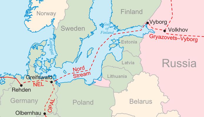 Nord Stream 2 loopt van Rusland naar Duitsland via de Oostzee.