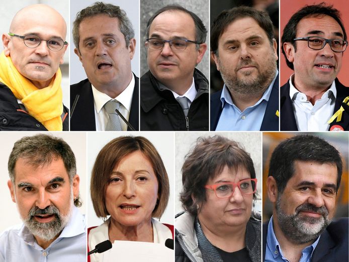 De gevangen Catalaanse politici (vlnr) Raul Romeva, Joaquim Forn, Jordi Turull, Oriol Junqueras, Josep Rull en op de onderste rij Jordi Cuixart, Carme Forcadell, Dolors Bassa en Jordi Sanchez.