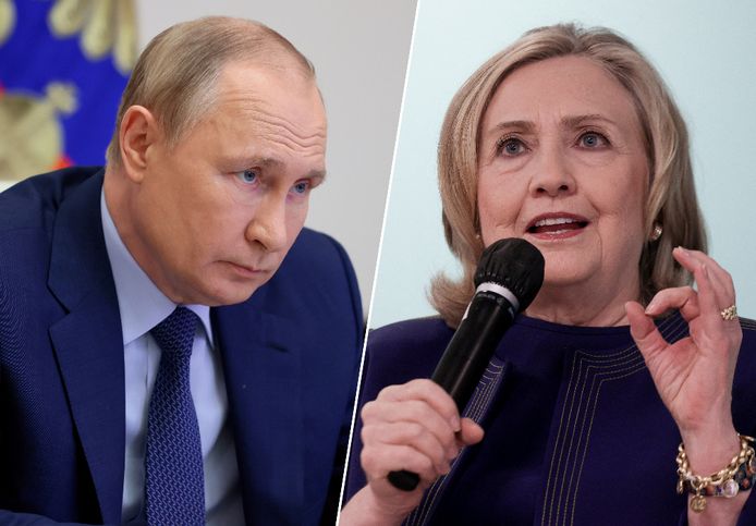 De Russische president Vladimir Poetin en de voormalige Amerikaanse minister van Buitenlandse Zaken Hillary Clinton.