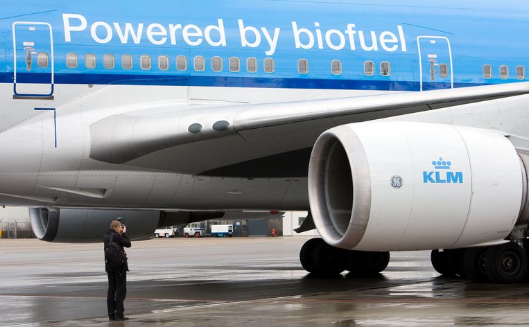 KLM maakte al eens vluchten met een paar procent biokerosine als brandstof. Pure marketing, zeggen critici.  Beeld ANP
