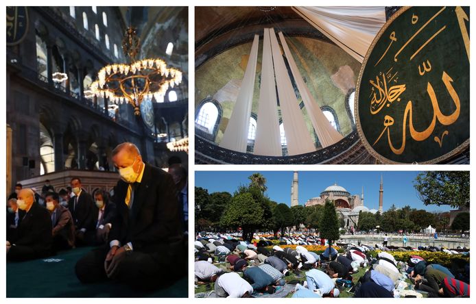 President Erdogan bad vanop de eerste rij mee. Tijdens de dienst worden de christelijke fresco's met gordijnen afgedekt. Duizenden gelovigen volgden het vrijdaggebed buiten mee.
