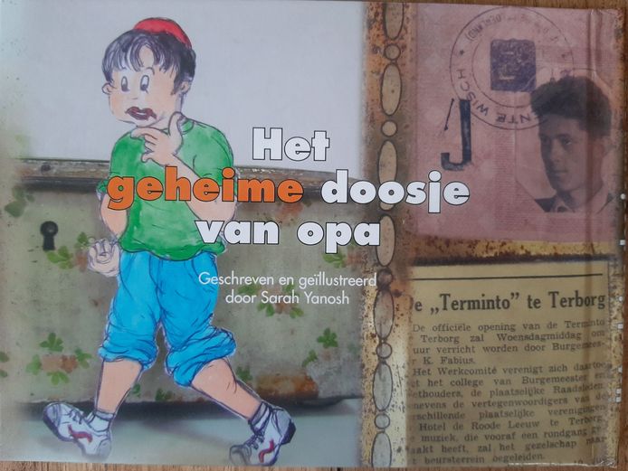 De cover van het kinderboek 'Het geheime doosje van opa'. Het boek leest op z'n Hebreeuws, van links naar rechts.