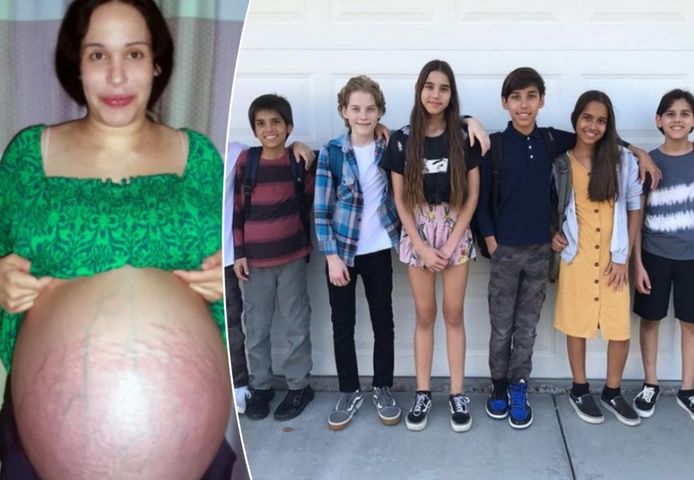 Links: een hoogzwangere Nadya Suleman. Rechts: de kinderen zijn uitgegroeid tot heuse tieners.