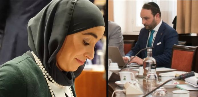 Hafsa El-Bazioui (l) verwijst naar de foto die Freilich zelf online zette. Daarop is hij tijdens een commissie van het federaal parlement met een keppeltje te zien.