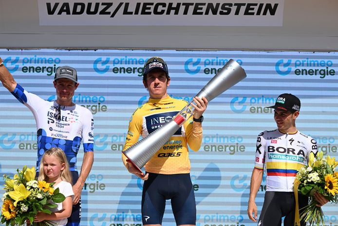 Het podium: Thomas wint deze Ronde van Zwitserland voor Sergio Higuita en Jakob Fuglsang.