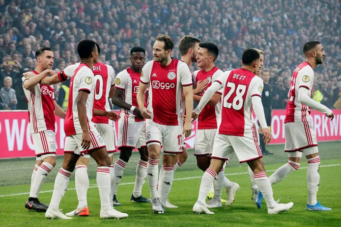 Vreugde bij de spelers van Ajax tijdens de Klassieker afgelopen zondag.