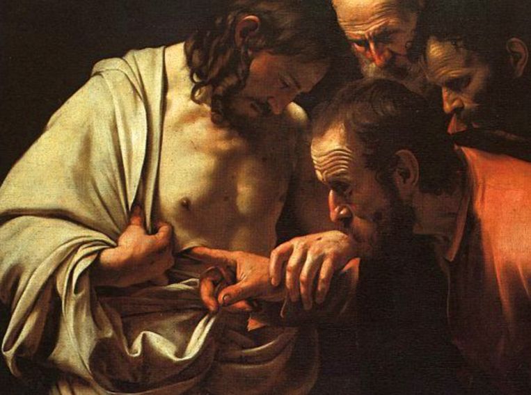 Detail uit een andere versie van dit verhaal: ‘De ongelovige Thomas’ van Caravaggio, 1601-02, Gallery Sancoussi, Potsdam. Beeld Gallery Sancoussi, Potsdam