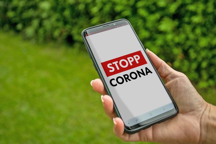 Stopp Corona op de mobiele telefoon.