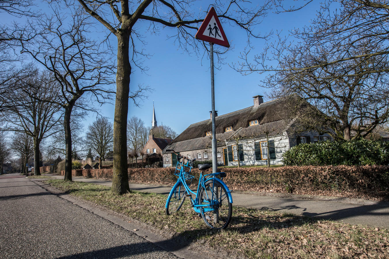 Blauwe fiets langs de Dr. De Quayweg in De Mortel.