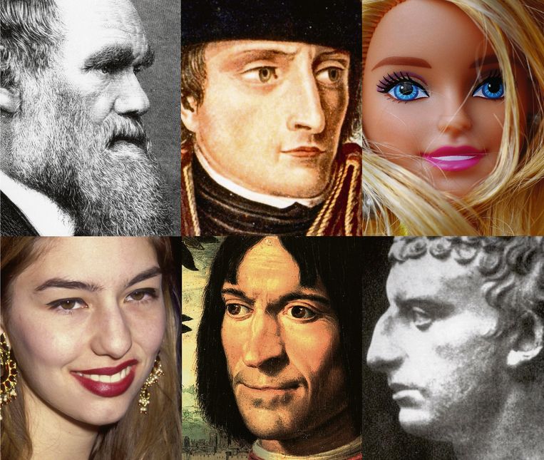 Boven: Charles Darwin, Napoleon Bonaparte, Barbie.
Onder: Sofia Coppola, Lorenzo de Medici, Flavius Josephus. Beeld RV