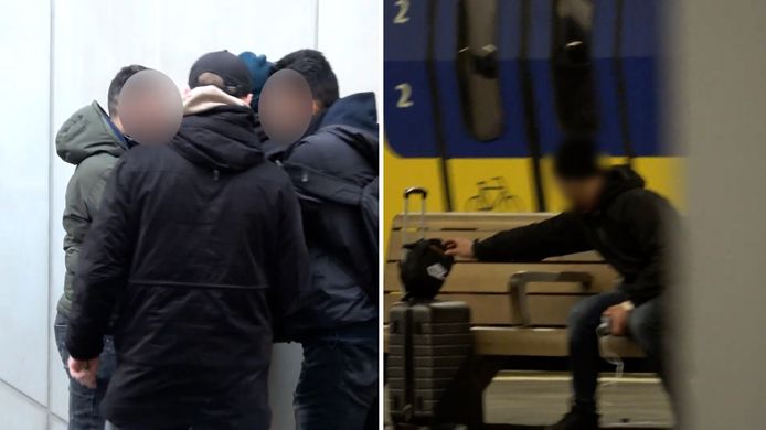 Een zakkenroller wordt op station Arnhem Centraal gearresteerd door agenten in burger. Rechts: een andere zakkenroller slaat toe.