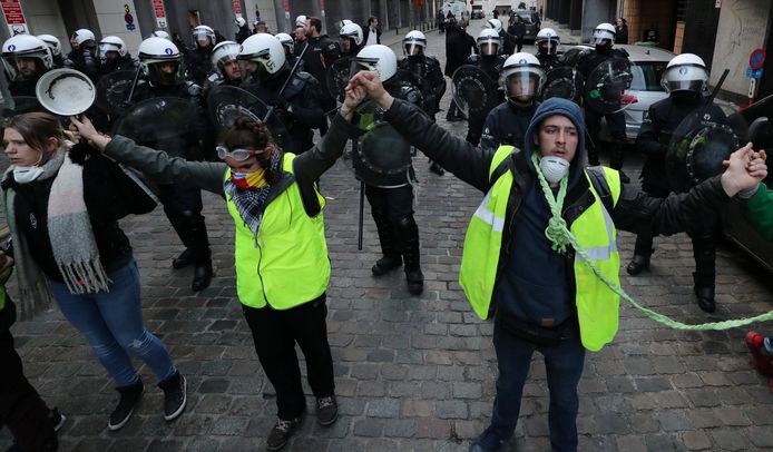 Actievoerders met gele hesjes in Brussel.
