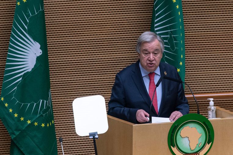 VN Secretaris-generaal Antonio Guterres tijdens de jaarlijkse top van de Afrikaanse Unie in de Ethiopische hoofdstad Addis Ababa. Beeld AFP