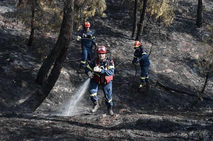 Griekse brandweermannen bestrijden een bosbrand, archiefbeeld.