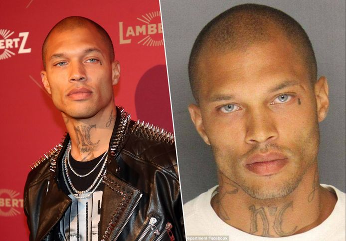 Jeremy Meeks, con una foto del suo arresto sulla destra, che ha dato inizio a tutto per lui dieci anni fa.