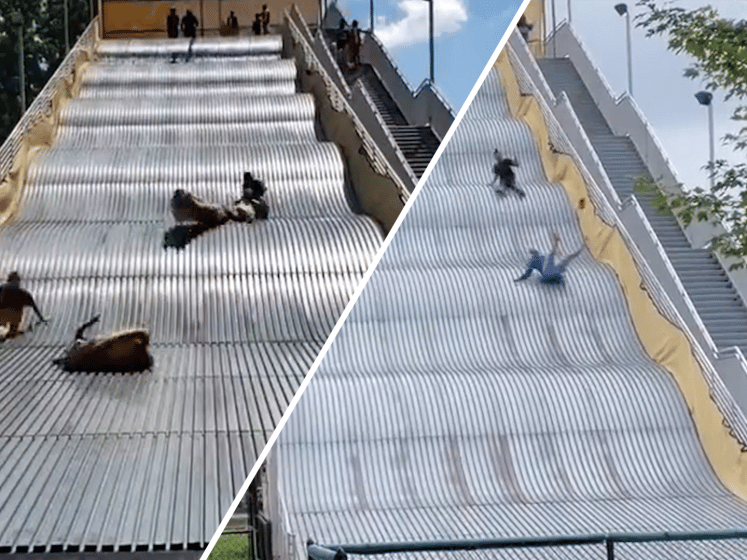 Amerikanen stuiteren van gevaarlijke glijbaan naar beneden