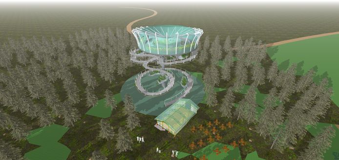 Een van de schetsen van een zonnebloemtoren zoals voorzien in het Van Gogh Homeland Experience.