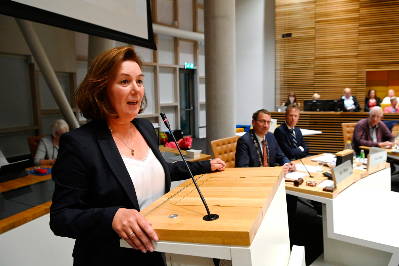 Linda Verschuur-Otter presenteert zich voor de stemming als wethouderskandidaat voor lokale partij OpKoers.nu.