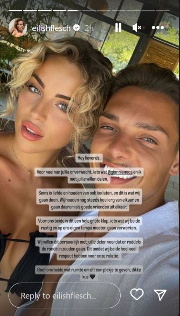 Eilish Flesch vertelt dat ze uit elkaar is met Gianni op haar Instagram.