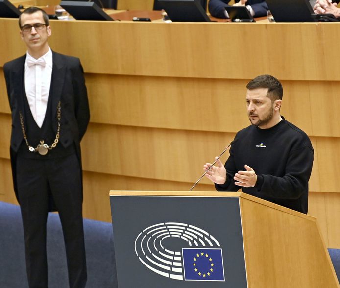 De Oekraïense president Zelensky gaf eerder deze maand een speech in het Europees Parlement.