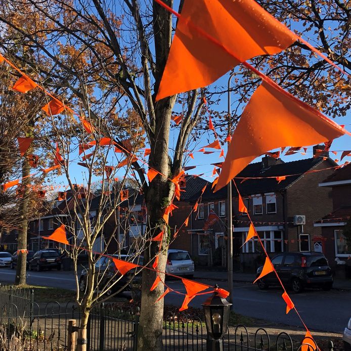 Oranje vlaggetjes aan de Kabbenbosweg in Hengelo.