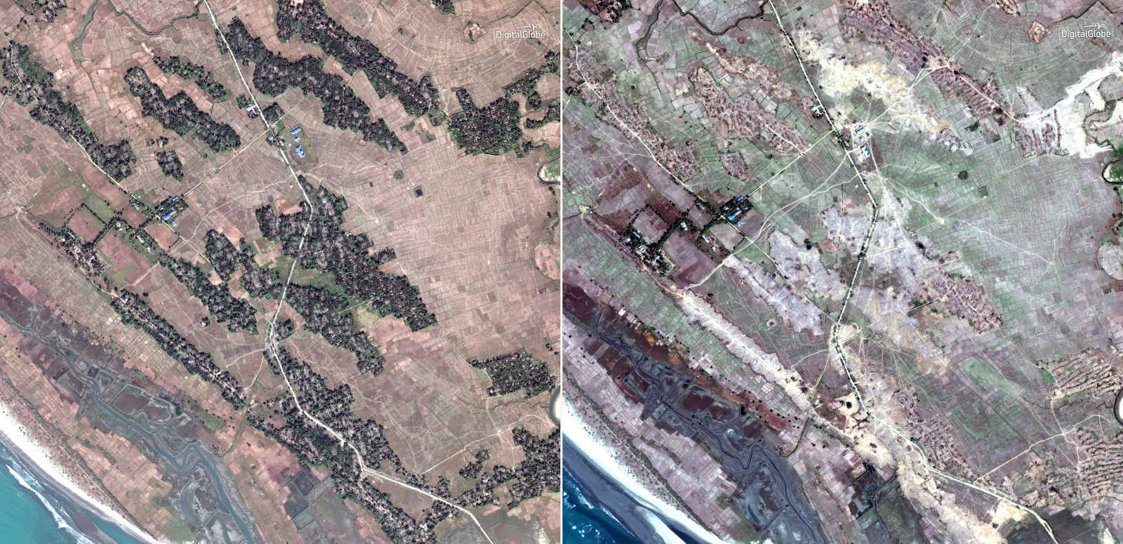 Satellietbeelden uit de deelstaat Rakhine uit november 2017 en februari 2018. Het dorp Kar Yar, waar vooral Rohingya woonden, bestaat niet meer.