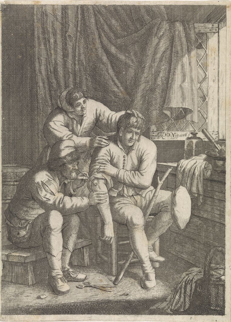 Chirurgijn brandt een wond uit, Justus van den Nijpoort, 1635 - 1692 Beeld Rijksmuseum/Rijksstudio