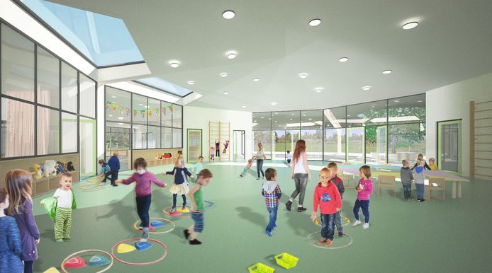 Zo zal het nieuwe wijkschooltje in de wijk Buerstede eruit zien. Dit is de polyvalente zaal.