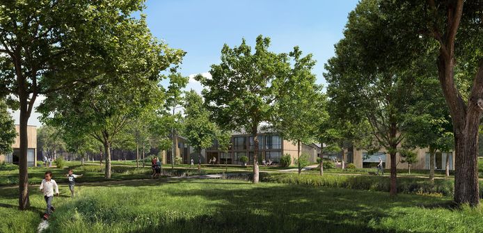 Impressie van hoe Buurtschap Te Veld aan de Castiliëlaan in Eindhoven er uit moet komen te zien, met zo'n 700 tijdelijke woningen waaronder die in Minitopia