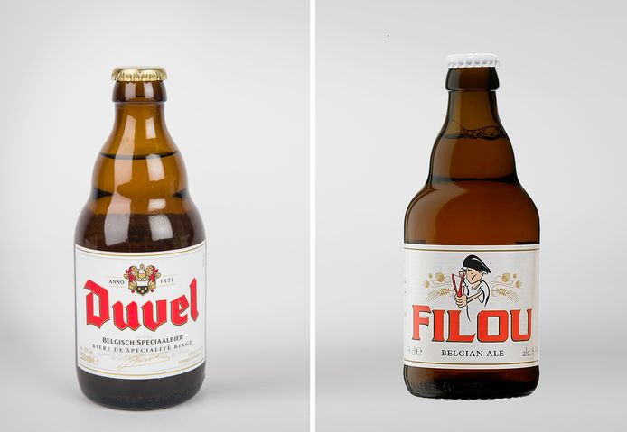 Een flesje Duvel en een flesje Filou: bruine fles, wit etiket en rood logo.