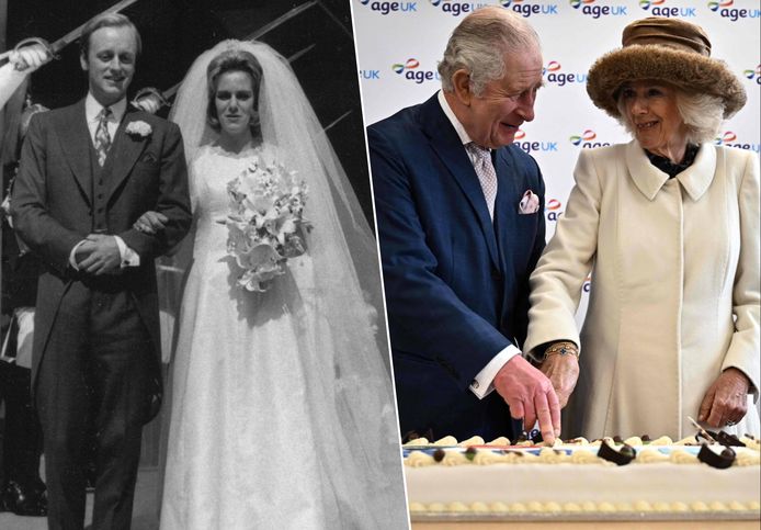 Camilla en Andrew Parker-Bowles op hun trouwdag op 4 juli 1973 - Koning Charles samen met zijn echtgenote Camilla
