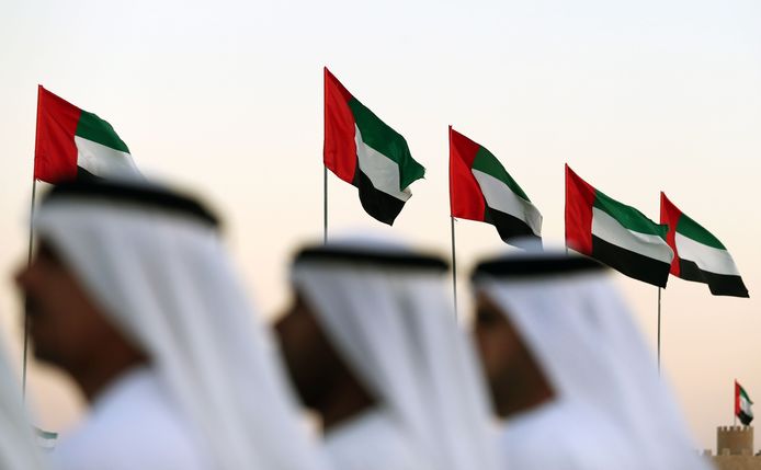 A picture taken on December 23, 2017 shows Emiratis standing with national flags waving behind them during the Mazayin Dhafra Camel Festival in the desert near the city of Madinat Zayed, 150 kms west of Abu Dhabi.
The festival, which attracts participants from around the Gulf region, includes a camel beauty contest, a display of UAE handcrafts and other activities aimed at promoting the country's folklore.  / AFP PHOTO / KARIM SAHIB
